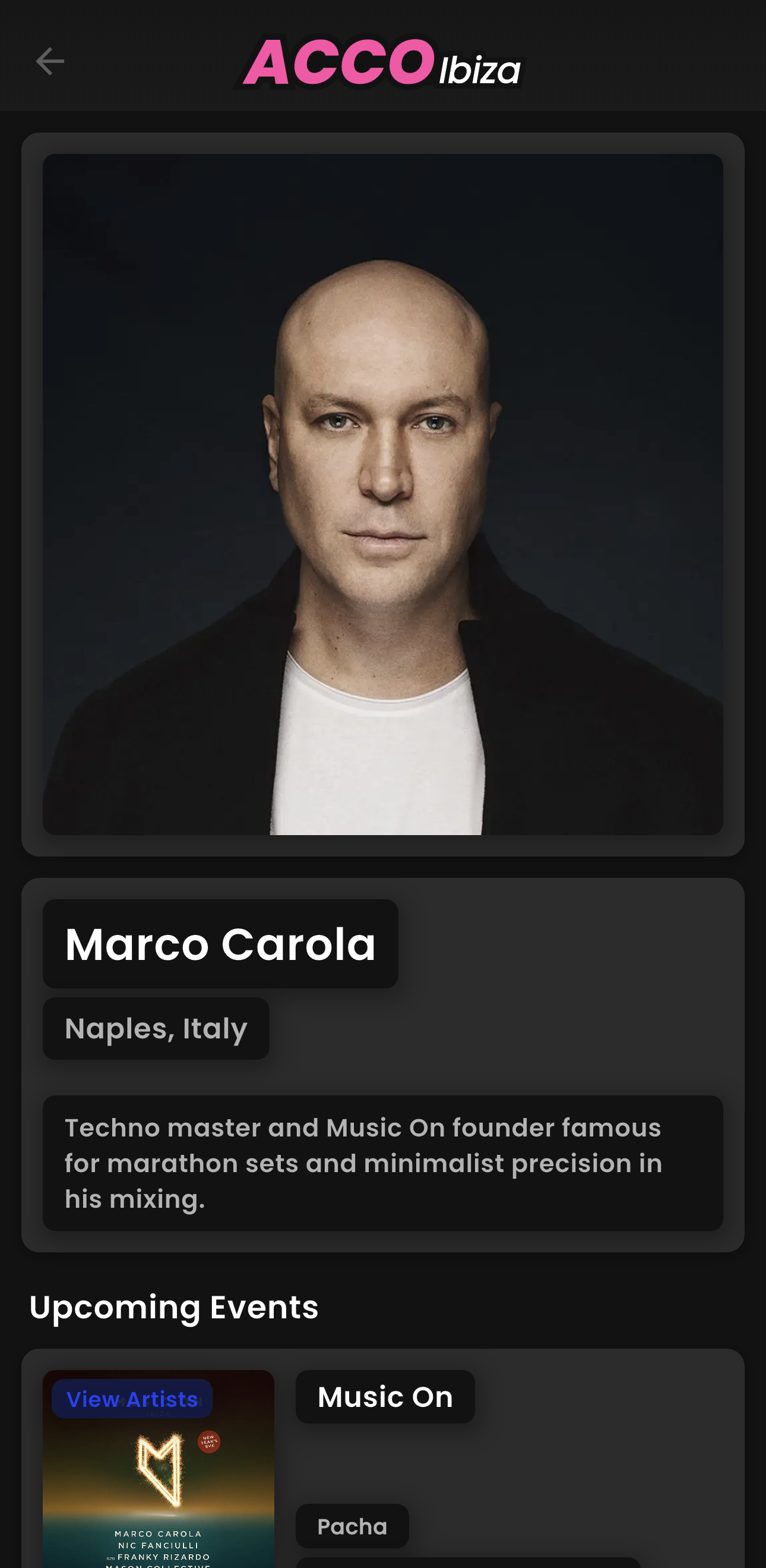 ACCO Ibiza App - Artist Screen