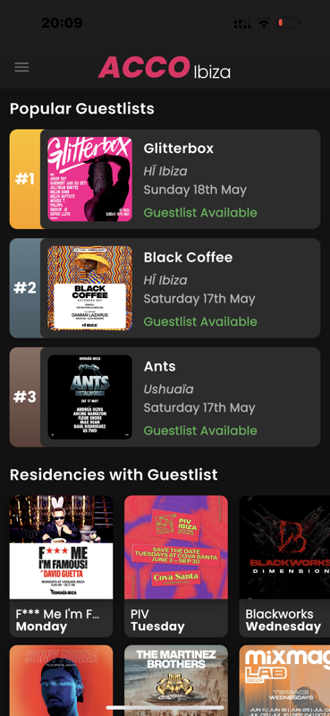 ACCO Ibiza App - Guestlist Screen