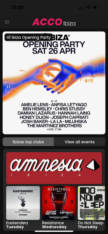 ACCO Ibiza App - Home Screen